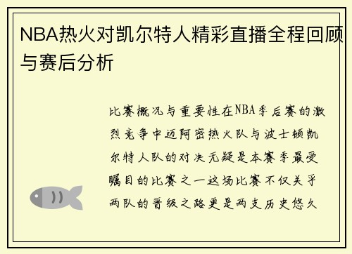 NBA热火对凯尔特人精彩直播全程回顾与赛后分析